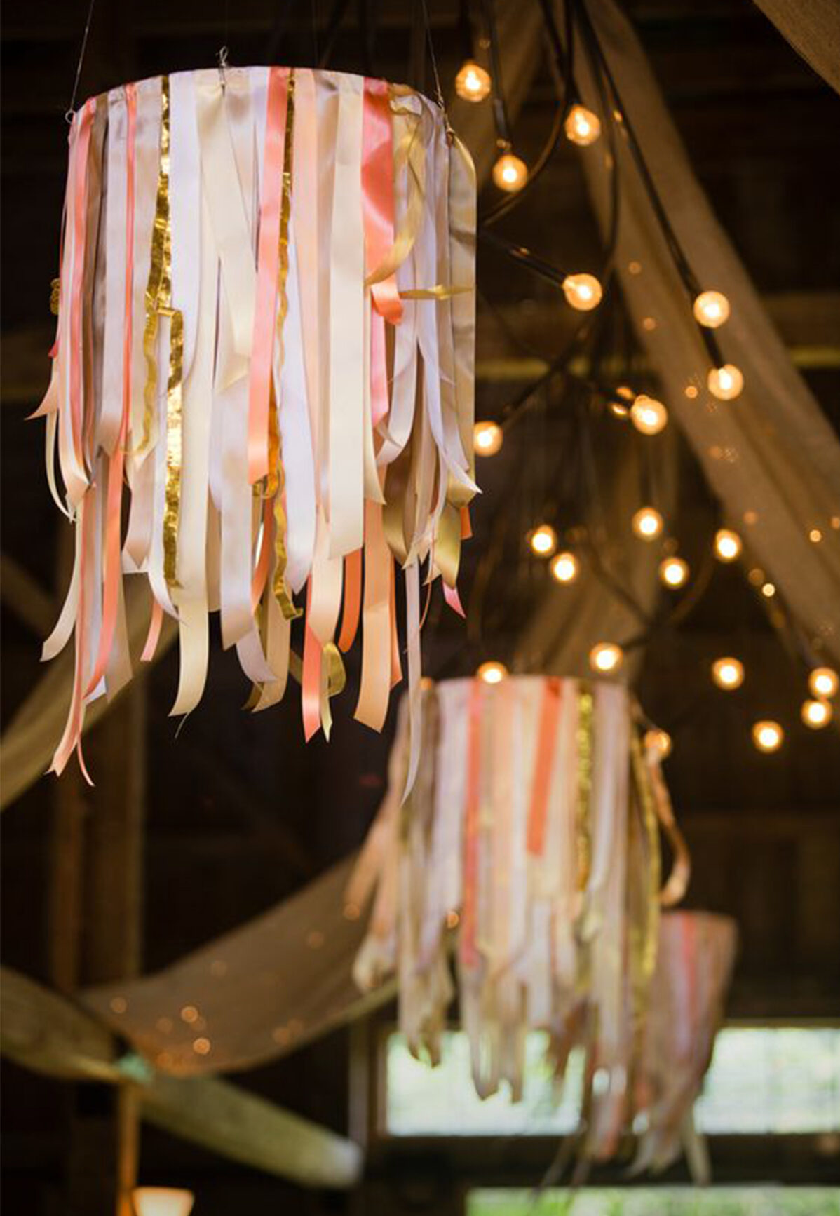 2.spring barn wedding ideas ribbon chandeliers