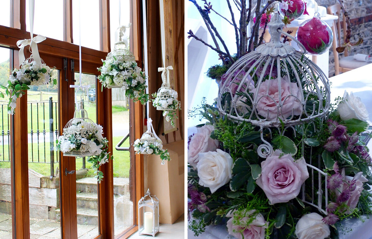 2.Spring-wedding flowers wedding birdcages Upwaltham Barns