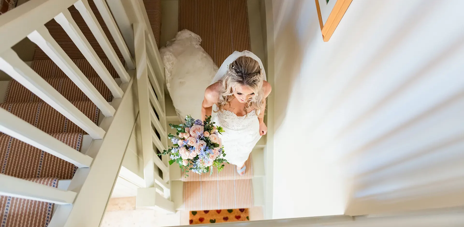 upwaltham barns wedding gallery jasmine cottage bride stairs