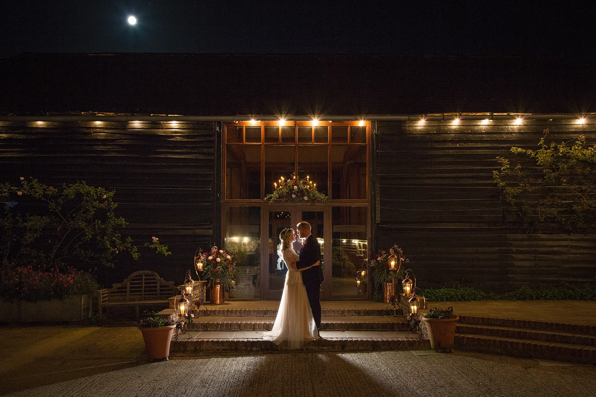 upwaltham barns wedding gallery winter couple evening lights