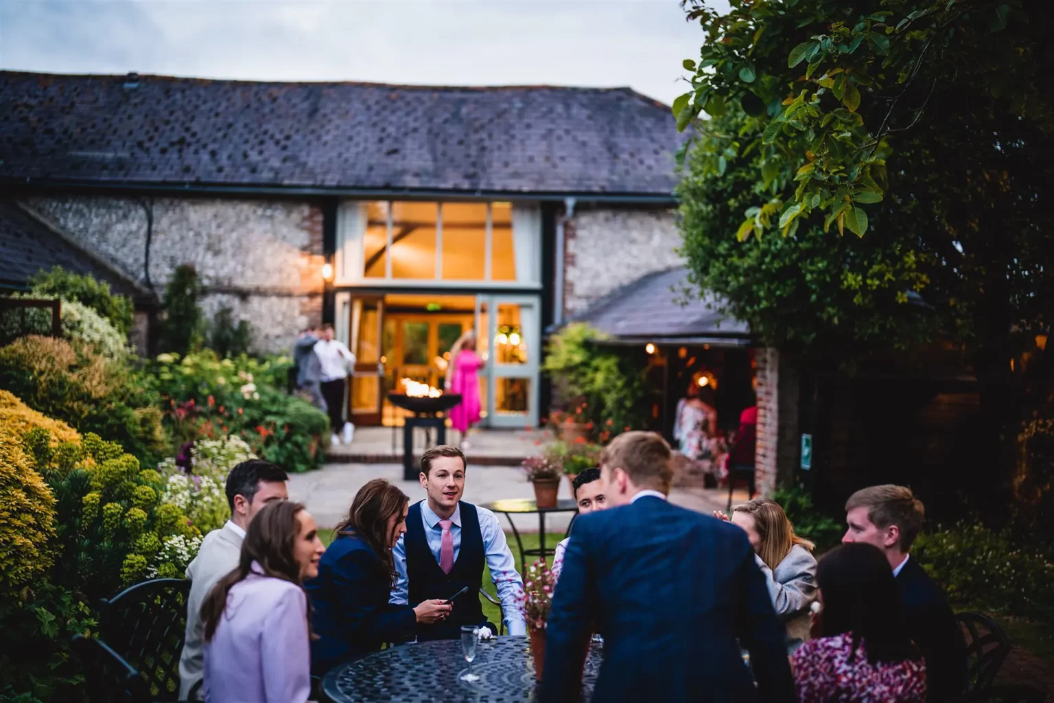 upwaltham barns wedding gardens snug evening guests