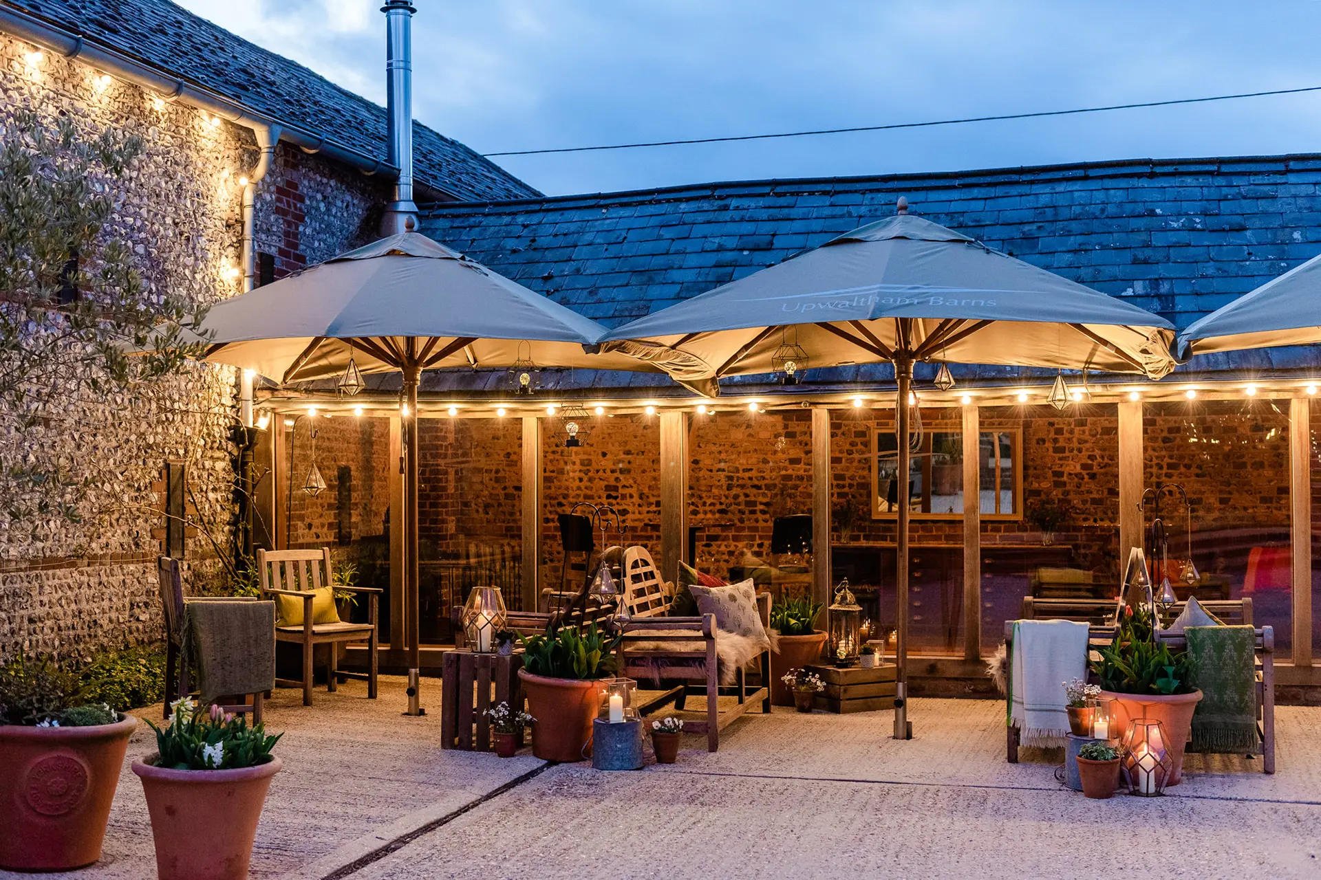 upwaltham barns wedding map courtyard evening