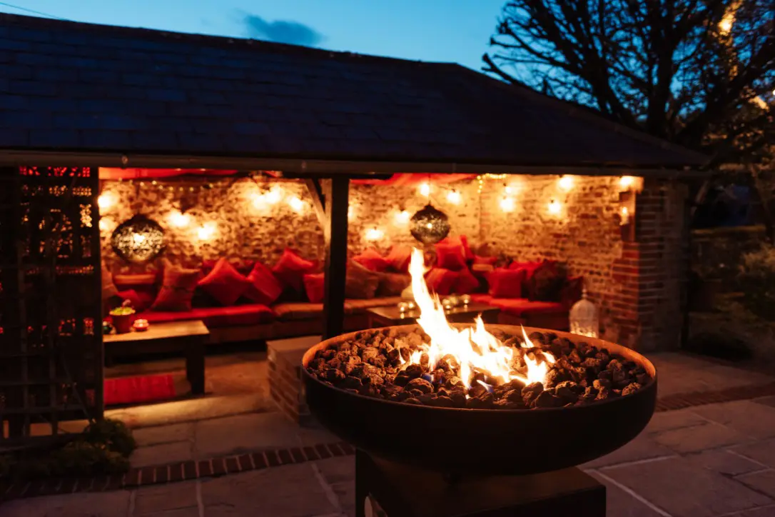 upwaltham barns wedding gardens evening snug fire pit