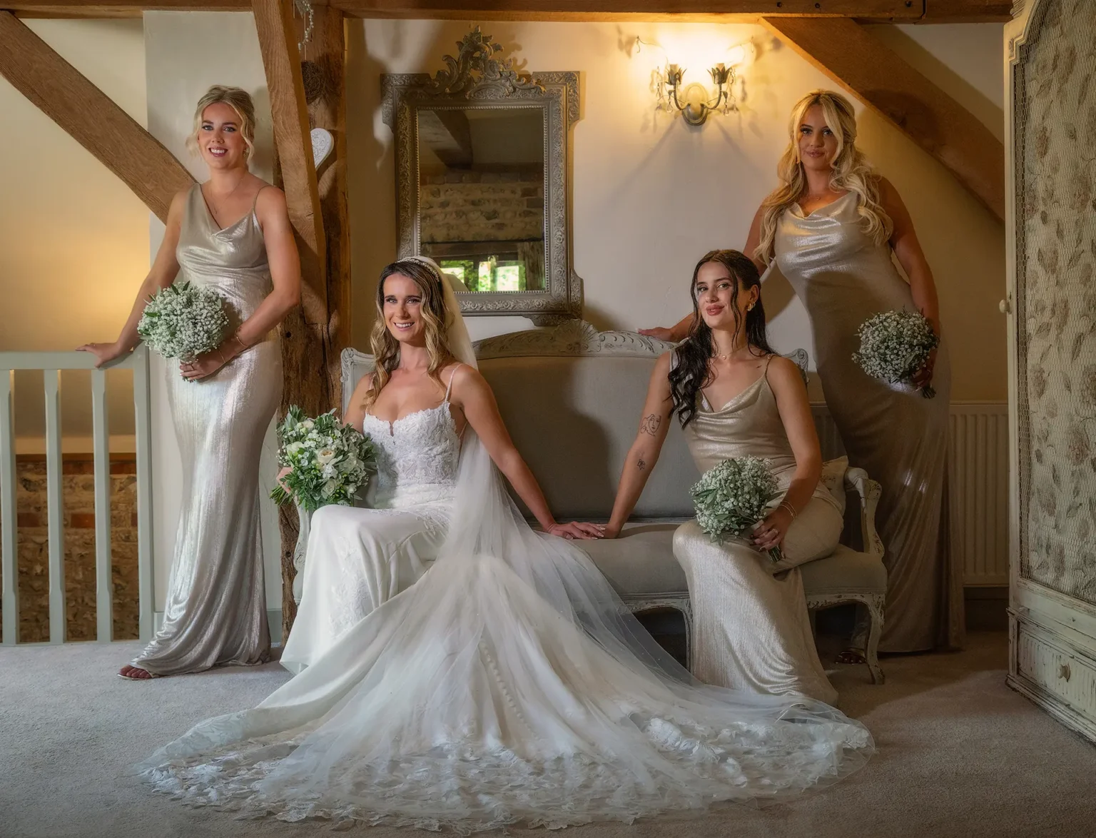 Upwaltham Barns bride and bridesmaids