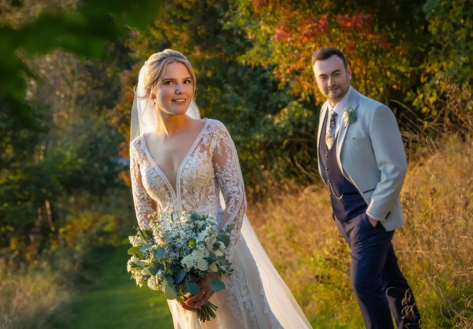 Upwaltham Barns bride and groom autumn wedding