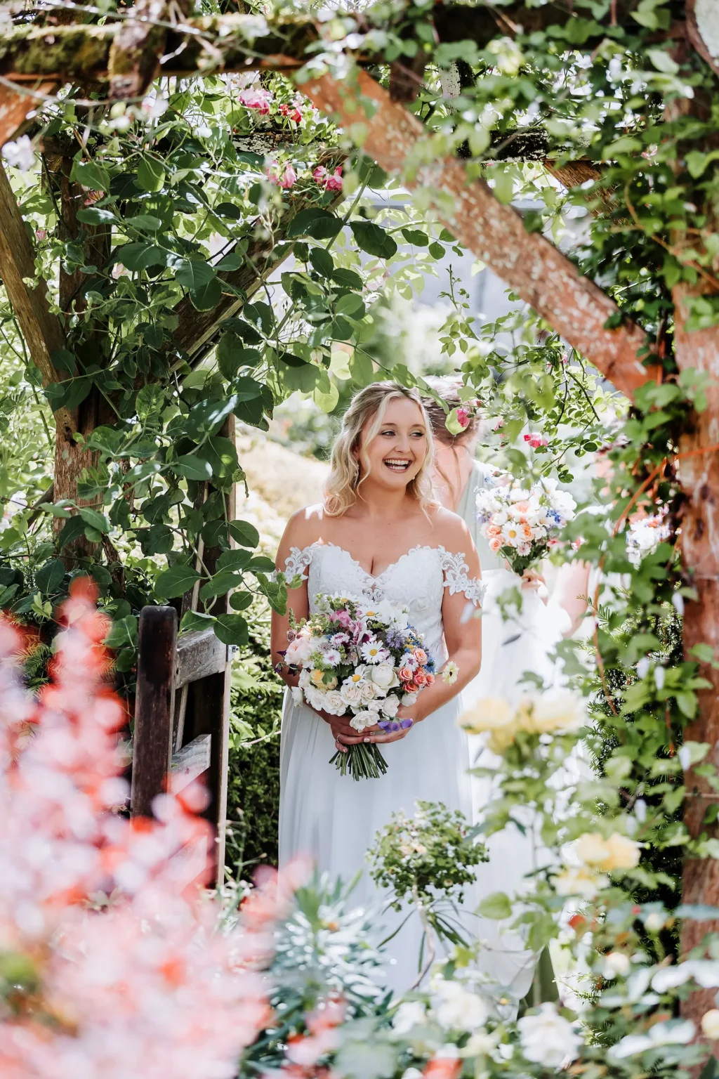 Upwaltham Barns bride in summer