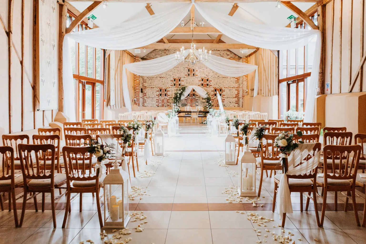 Upwaltham Barns wedding ceremony setup the East Barn