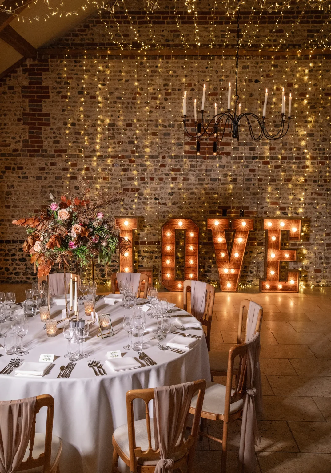 Upwaltham Barns wedding breakfast decor